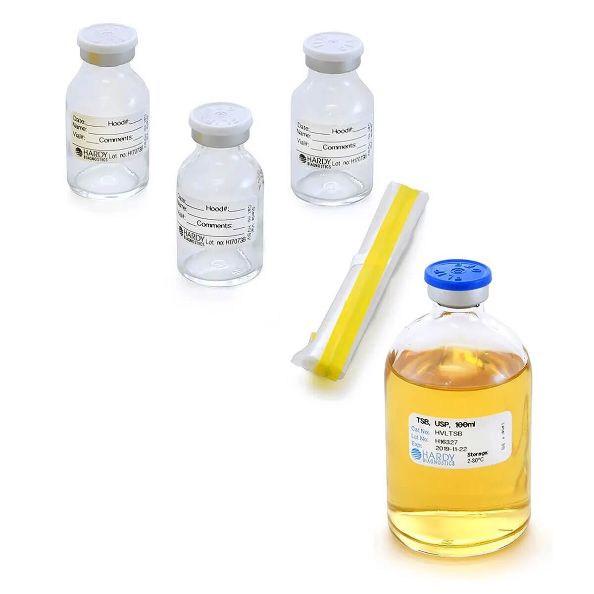 HardyVal HVL1 low-complexity CSP media-fill challenge kit with 100 mL TSB vial, three sterile 20 mL vials and Whirl-Pak bag